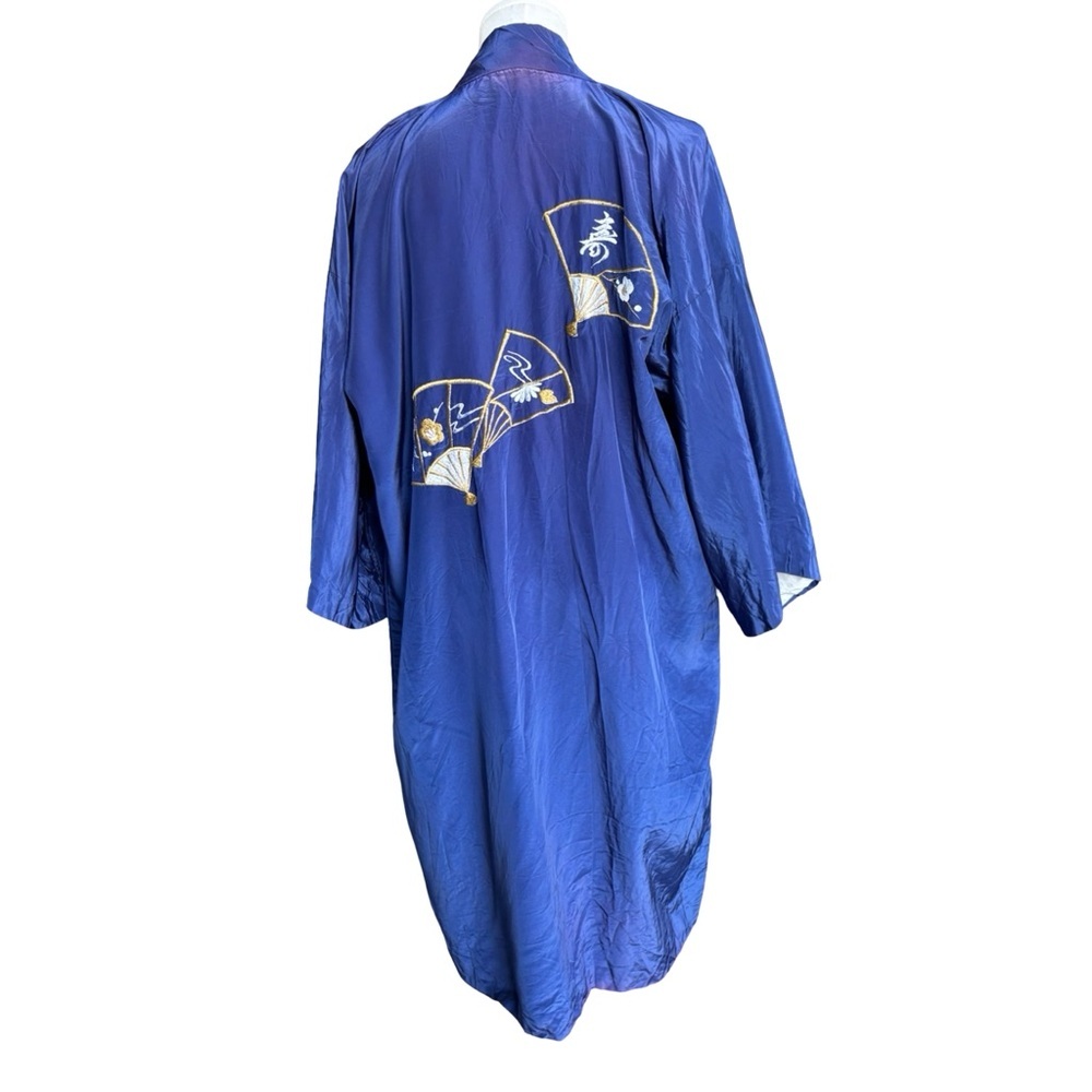 Vintage Japanese Blue Vintage Robe with Fan Embroidery - Picture 3 of 11